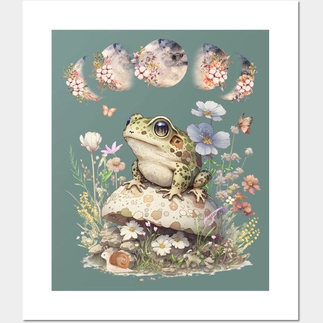 Cute Cottagecore Frog Mushroom Vintage Floral Moon Wall Art by Hypnotic Highs